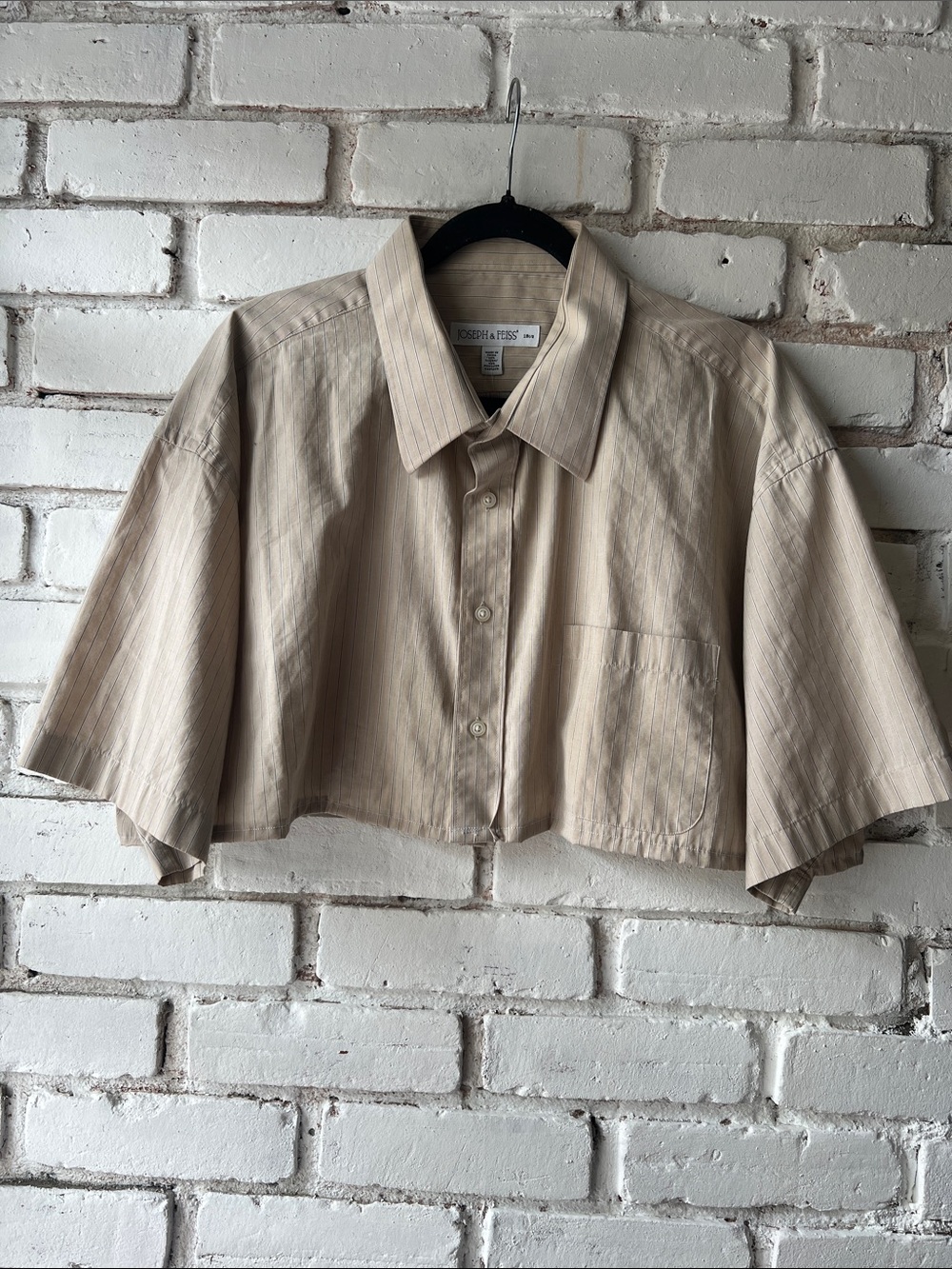 Beige Cropped Button-Up Shirt men’s upcycled collared shirt